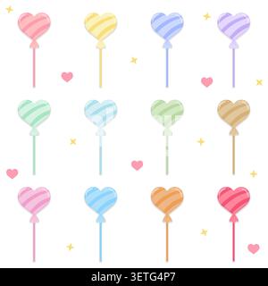 Collection of pastel heart shaped lollipop candies in twelve different colors isolated on white background. Cute sweet confectionery vector set perfec Stock Vector