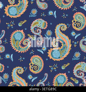 Watercolor style paisley with flowers seamless pattern on blue background. Intricate eastern vintage wallpaper. Bohemian textile design Stock Vector