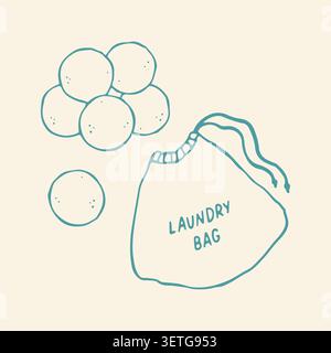 Vector hand drawn laundry wash bag and wool dryer balls. Cute teal doodle of eco friendly garment protection and drying accessories for sustainable Stock Vector