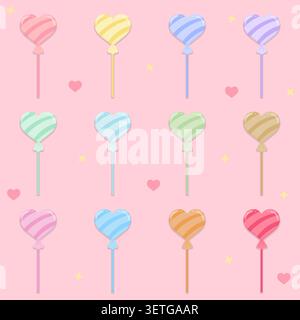 Collection of twelve pastel heart shaped lollipop candies with cute hearts and stars on pink background. Sweet confectionery vector illustration set p Stock Vector