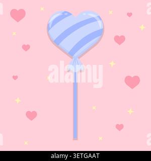 Cute pastel periwinkle heart shaped lollipop candy with hearts and stars on pink background. Sweet confectionery vector illustration perfect for Valen Stock Vector