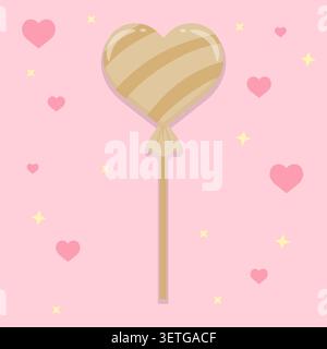Cute pastel caramel heart shaped lollipop candy with hearts and stars on pink background. Sweet confectionery vector illustration perfect for Valentin Stock Vector