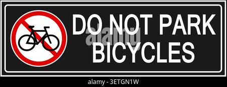 Do not park bicycles. Ban sign with ban symbol and text on the right. Horizontal shape, black background. Sticker. Stock Vector