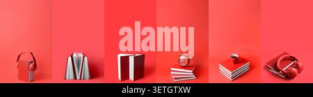 Creative red-themed book and accessory compositions on red background Stock Photo