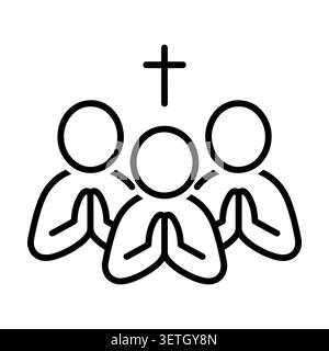 People praying together with holy cross vector line icon. Stock Vector