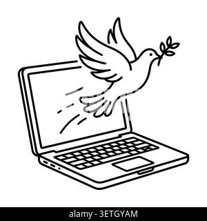 Holy Spirit dove flying out of laptop screen, digital church and online worship concept. Stock Vector