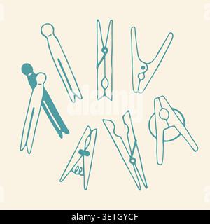 Hand drawn vector set of various clothespins and pegs. Simple teal doodle of laundry drying clips for hanging clothes, household organization and Stock Vector
