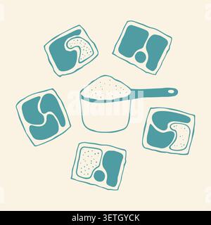 Hand drawn vector set of laundry detergent pods and a measuring scoop with powder. Teal doodle of modern washing capsules and soap for household Stock Vector