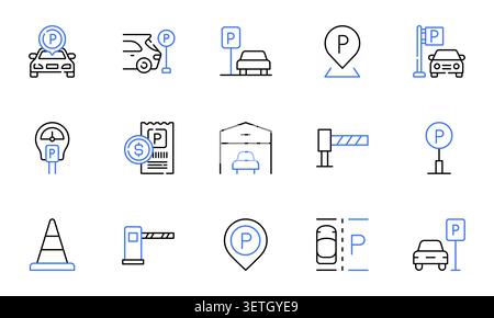 Parking Line Icons Set Car Parking, Parking Area, Parking Location, Parking Ticket, Parking Barrier Editable Stroke Vector Illustration Stock Vector