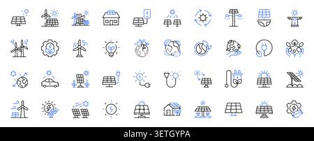 Solar Energy and Renewable Power Line Icons Set Solar Panel, Wind Turbine, Green Energy, Eco Technology Editable Stroke Vector Illustration Stock Vector