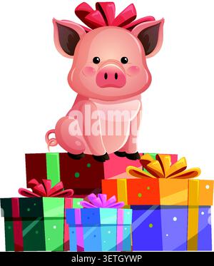 Cartoon piglet sits atop colorful wrapped gift boxes in a clean vector art style. Stock Vector
