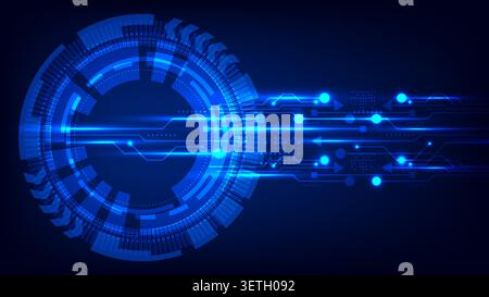 Futuristic technology background with glowing blue digital hud circle interface and horizontal circuit board lines representing high speed data flow n Stock Vector