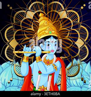 Stylized vector art of a blue deity playing a flute against a golden mandala background. Stock Vector