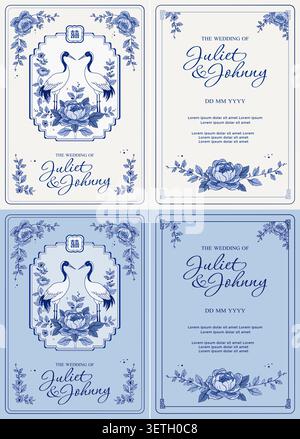 Wedding invitation template set featuring elegant blue and white porcelain style with twin cranes, peony flowers and double happiness symbol. Stock Vector