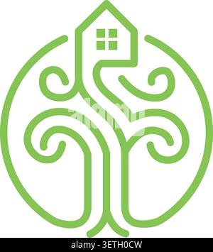 Organic Tree and House Integrated Green Sustainable Living Identity Logo Stock Vector