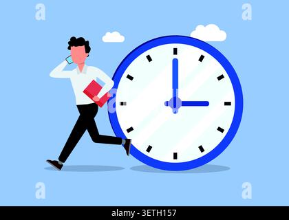 Flat vector illustration of a professional running beside a large clock, symbolizing time management, deadlines, productivity, work pressure, scheduli Stock Vector