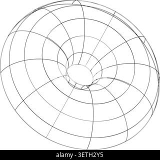 3D wireframe illustration of a torus with concentric and radial lines, geometric doughnut shaped surface diagram for mathematics, physics, engineering Stock Vector