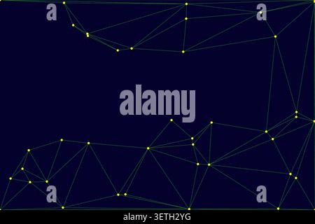 Abstract low poly digital graphic showing interconnected nodes and lines representing data transfer. Dark blue background with neon yellow points and Stock Vector