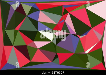 Complex network of interlocking triangles in shades of crimson rose and olive green. Unique crystalline structure creating deep contrast and harmony f Stock Vector