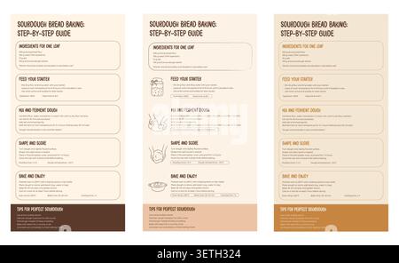 Minimalist sourdough bread baking step-by-step guide template with rustic aesthetic. Clean instructional layout for artisan recipes, bakery posters, a Stock Vector