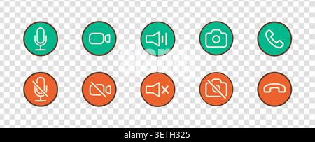 Retro 90s outline phone call interface icons with colored buttons for mobile communication apps. Concept of notifications, calls, and conversation UI. Stock Vector
