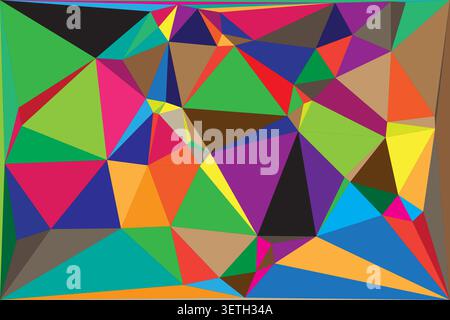 Dynamic composition of multi-colored polygonal shapes featuring pink green blue and orange tones. Modern digital art with sharp edges and faceted text Stock Vector