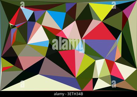 Abstract low polygon art background presents geometric triangular shapes in an eclectic and vibrant mix of colors, creating a lively illustration. Stock Vector