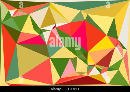 Vibrant abstract low-poly art background features geometric triangles. Digital artwork showcases a dynamic pattern with shades of red, yellow, green, Stock Vector