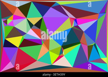 Expansive digital mosaic featuring an array of sharp triangles in purple green red and blue. High contrast geometric design with asymmetrical facets f Stock Vector