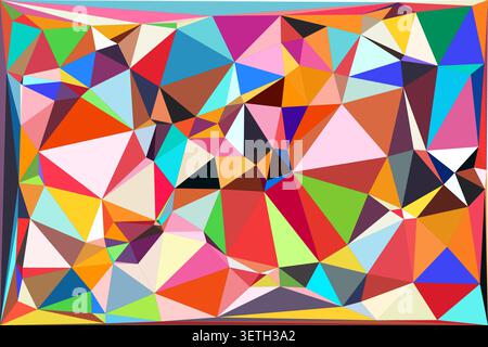 Richly colored geometric abstract, triangles and polygons forming dynamic pattern, modern artistic backdrop, digital graphic design, vibrant mosaic. Stock Vector