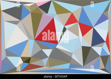 Vibrant geometric abstract pattern. A mosaic of colorful triangles and polygons in blue, red, beige, and gray. Modern low poly art for backgrounds. Stock Vector