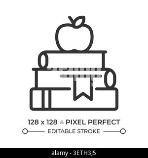 Apple on book stack pixel perfect line icon Stock Vector
