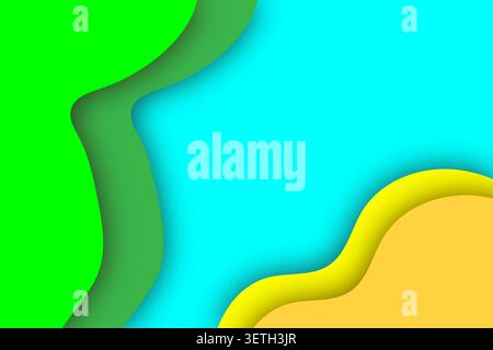 Colorful abstract wavy paper cut layers with shadow effect, vibrant blue green and yellow against red backdrop, dynamic fluid design, modern art. Stock Vector