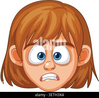 Vector illustration of anxious girl face, wide eyes, brown hair, exaggerated cartoon style, isolated Stock Vector