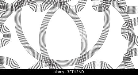 Intricate pattern with black, curved lines creating overlapping circles and fluid wave shapes. high contrast black and white design. visual texture ad Stock Vector