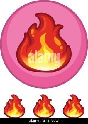 Bright vector fire icons with bold outlines, vibrant gradients, and pink circular background, flat style Stock Vector