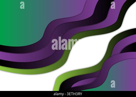 Abstract wavy design, flowing shapes, green purple black gradient, modern backdrop, creative illustration, white space, layered elements. Stock Vector