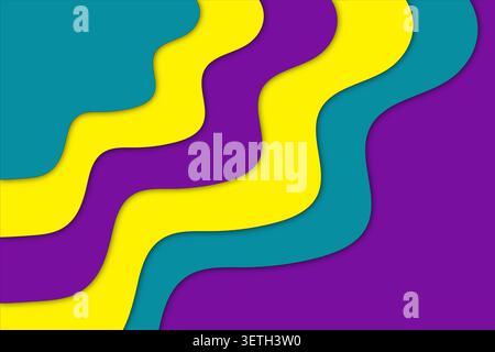 Vibrant abstract background features paper cut wavy layers in bold teal, bright yellow, and deep purple. Dynamic design creates a lively, colorful com Stock Vector