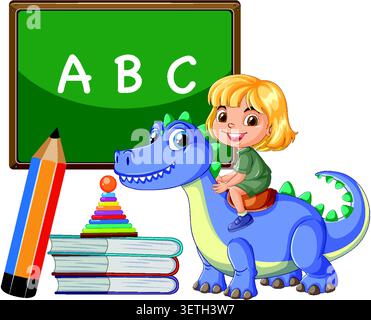 Vector illustration of student on dinosaur beside books, pencil, and alphabet chalkboard on white. Stock Vector