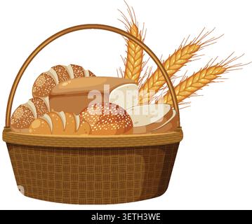 Vector illustration of assorted bread loaves and wheat stalks in a woven rustic basket. Stock Vector