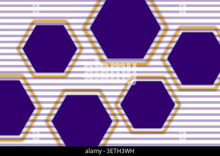 Bold futuristic design featuring multiple dark purple hexagonal shapes, contrasting yellow borders, decorative striped pattern background, professiona Stock Vector