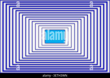 Optical illusion effect created by nested blue rectangular shapes, perspective depth visualization, bright cyan focal point, geometric repetitive patt Stock Vector
