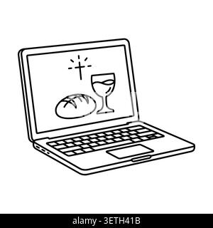Virtual mass and digital communion concept. Laptop computer with eucharist bread, wine goblet, and Christian cross. Minimalist black and white line Stock Vector