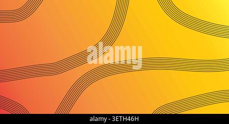Abstract design showcases fluid, parallel black lines creating an interwoven pattern. warm orange and yellow gradient background provides a vibrant, e Stock Vector