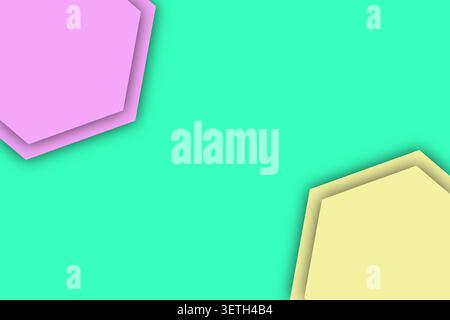 Abstract background features two overlapping hexagonal shapes in pink and yellow, positioned in opposite corners on a vibrant turquoise backdrop. Clea Stock Vector
