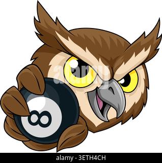 An owl bird pool or billiards 8 ball sports team mascot cartoon character holding a ball. Stock Vector