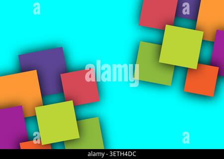 Dynamic geometric arrangement featuring purple orange red and green squares scattered across turquoise field, artistic overlapping shapes for creative Stock Vector