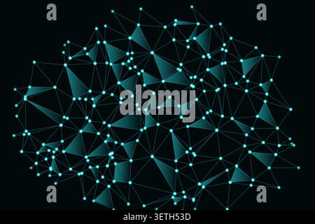 Intricate glowing web of interconnected triangular shapes and brilliant nodes creating complex pattern of artificial neural network and technological Stock Vector