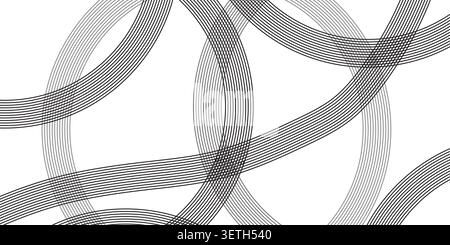 Bold geometric artwork showcasing overlapping ring shapes and curved line paths. High contrast monochrome graphic design creates complex visual rhythm Stock Vector