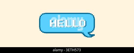 Pixelated frame hello in 8 bit retro style. Game dialog box or speech balloon. Geometric frame of text message or quote Stock Vector